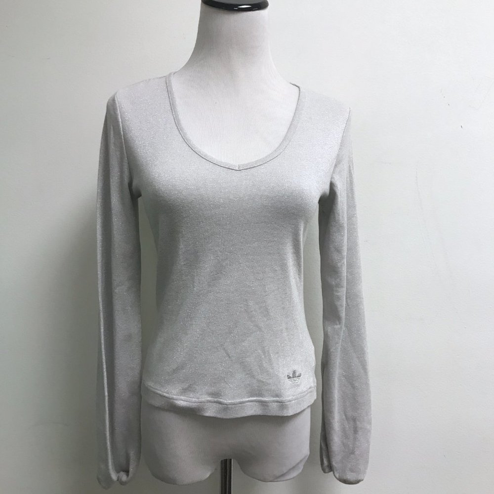Adidas silver metallic logo long sleeve v neck top S NWT scoop neck - Picture 2 of 7